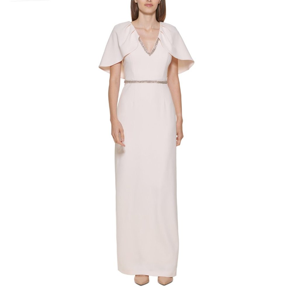 Calvin Klein Womens Blossom Rhinestone Waist Cape Sleeve Gown Dress Size 4 Pink